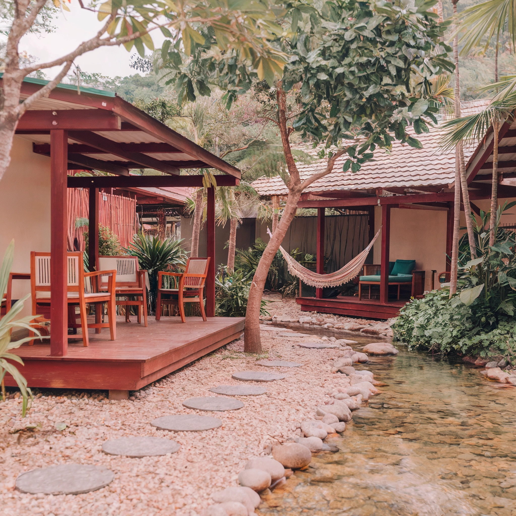 Wooden deck with seating and a hammock by a stream at a wellness retreat surrounded by lush greenery